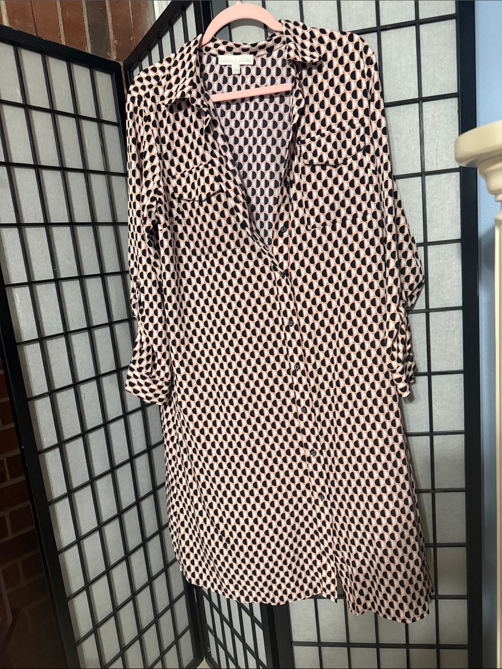 Women's Pink and Black Patterned Button-Front Shirt Dress, XL